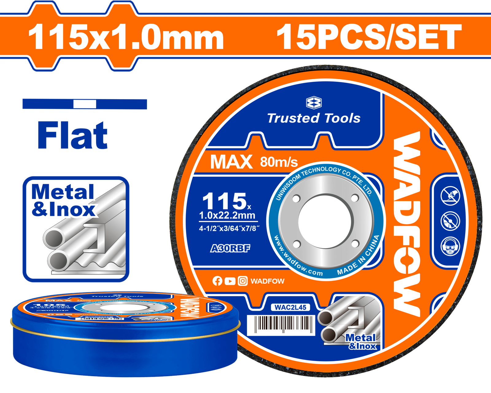 DISQUE A COUPER METAL 115mm WAC2L45 WADFOW 15 pcs