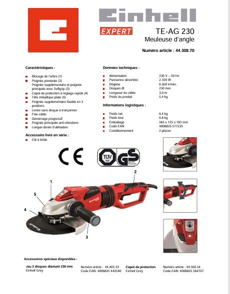 Meuleuse d’angle TE-AG 230 – EINHELL – Image 6
