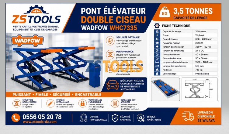 Pont ciseaux encastrable WADFOW WHC7335 pour garage professionnel